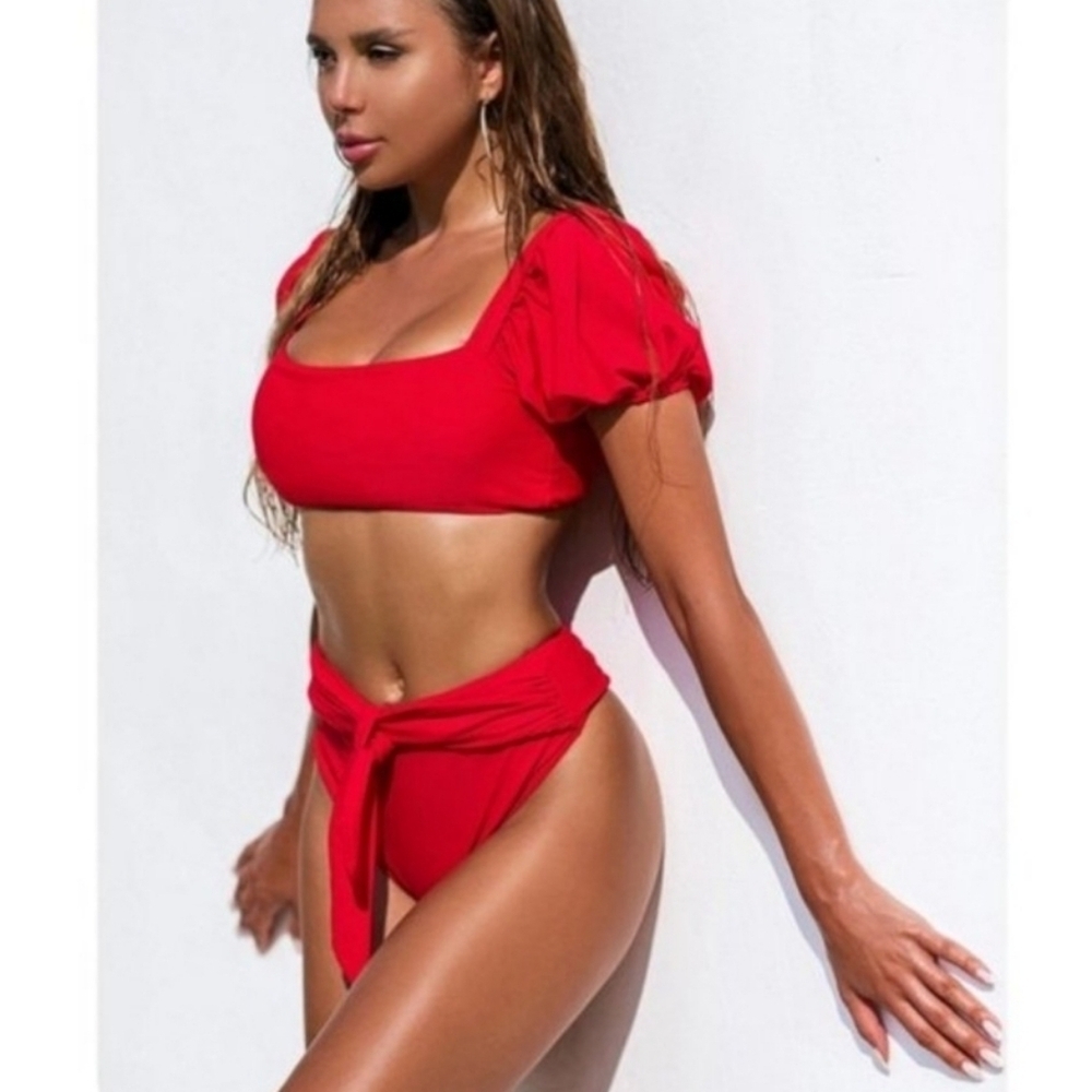 New Red Puff Sleeve Bralette Top High Waist Bikini Set Swimsuit Size M